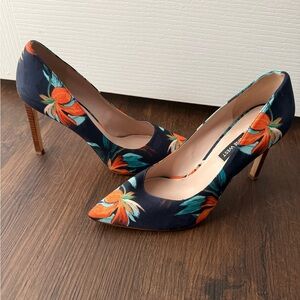 Nine West Navy and Orange Floral Heels